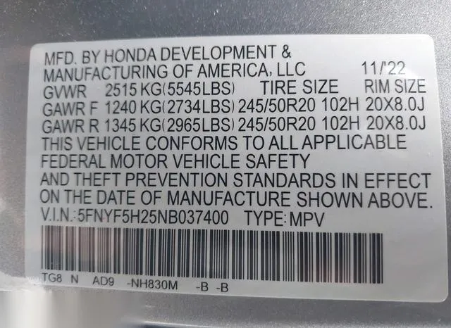 5FNYF5H25NB037400 2022 2022 Honda Pilot- 2Wd Special Edition 9