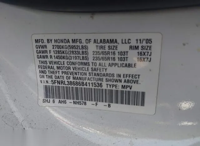 5FNRL38686B411536 2006 2006 Honda Odyssey- Ex-L 9