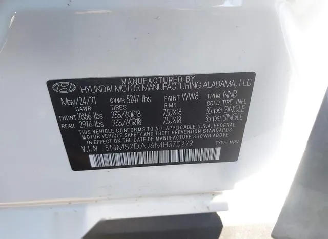 5NMS2DAJ6MH370229 2021 2021 Hyundai Santa Fe- Sel 9