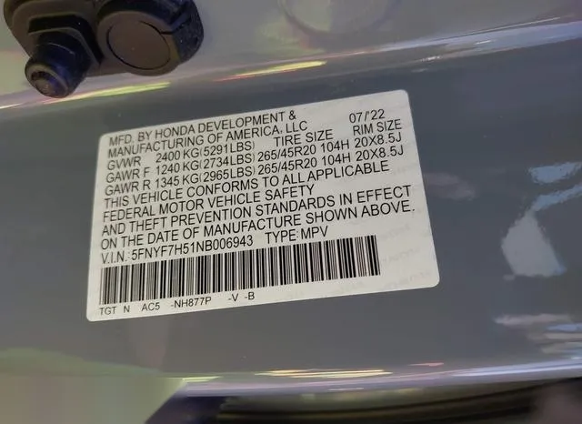 5FNYF7H51NB006943 2022 2022 Honda Passport- 2Wd Ex-L 9