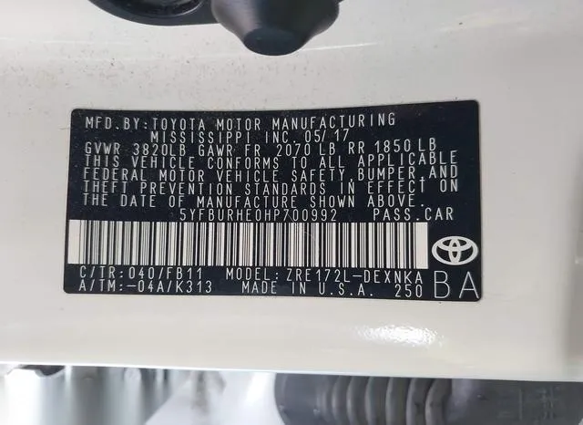 5YFBURHE0HP700992 2017 2017 Toyota Corolla- LE 9