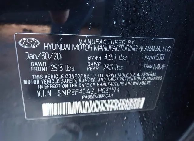 5NPEF4JA2LH031194 2020 2020 Hyundai Sonata- Sel 9