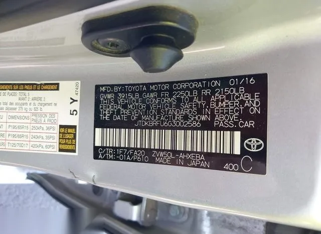 JTDKBRFU6G3002586 2016 2016 Toyota Prius- Two 9