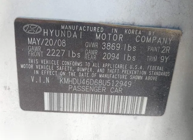 KMHDU46D68U512949 2008 2008 Hyundai Elantra- Gls/Se 9