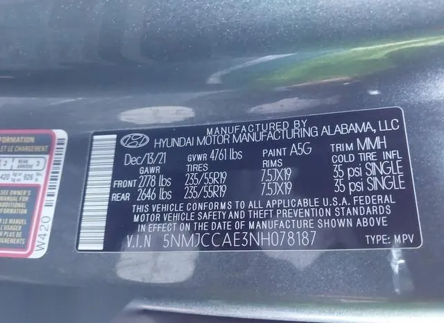 5NMJCCAE3NH078187 2022 2022 Hyundai Tucson- Sel 9