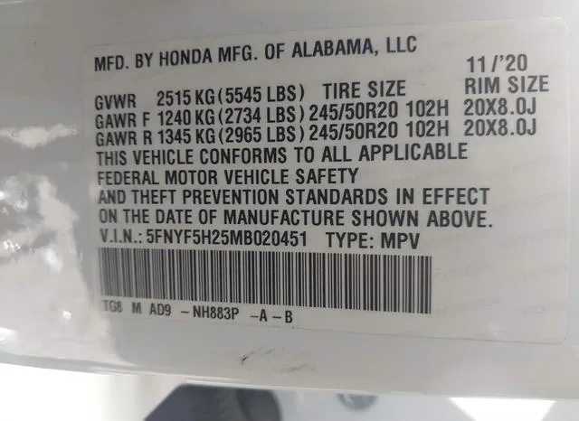 5FNYF5H25MB020451 2021 2021 Honda Pilot- 2Wd Special Edition 9