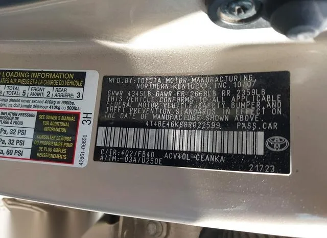 4T4BE46K88R022599 2008 2008 Toyota Camry- LE 9