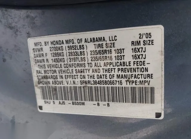 5FNRL38485B066716 2005 2005 Honda Odyssey- EX 9