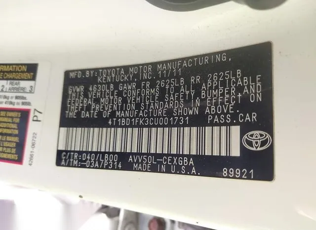 4T1BD1FK3CU001731 2012 2012 Toyota Camry- Hybrid/Le/Xle 9