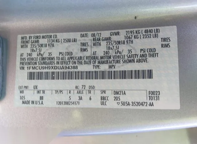 1FMCU9H9XDUA94388 2013 2013 Ford Escape- Sel 9