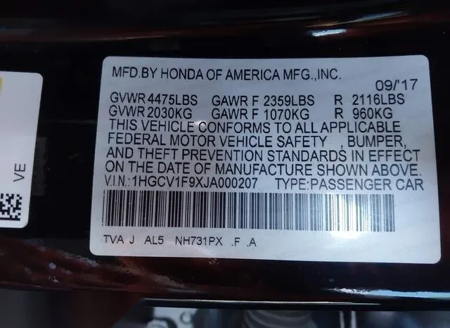 1HGCV1F9XJA000207 2018 2018 Honda Accord- Touring 9