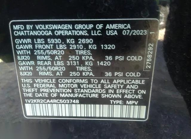 1V2KR2CA4RC503748 2024 2024 Volkswagen Atlas- 2-0T Se W/Tec 9