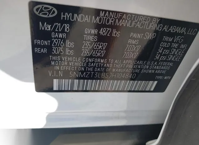 5NMZT3LB5JH104840 2018 2018 Hyundai Santa Fe- Sport 2-4L 9