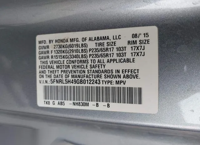 5FNRL5H49GB012243 2016 2016 Honda Odyssey- EX 9