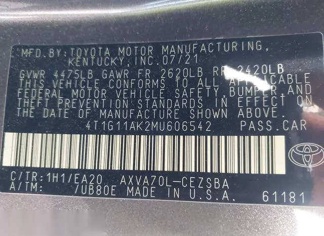 4T1G11AK2MU606542 2021 2021 Toyota Camry- SE 9