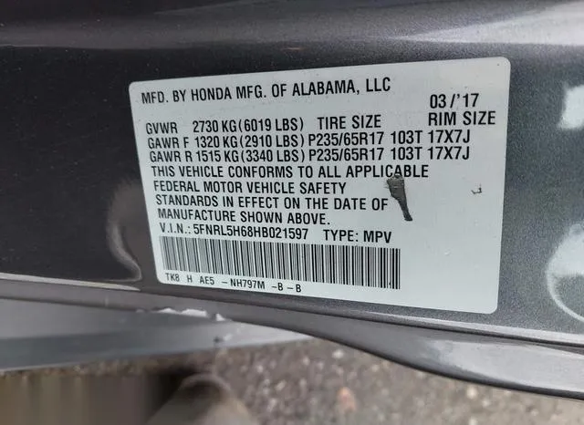 5FNRL5H68HB021597 2017 2017 Honda Odyssey- Ex-L 9