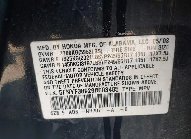 5FNYF38929B003485 2009 2009 Honda Pilot- Touring 9