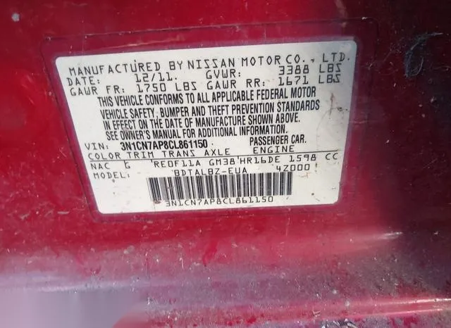 3N1CN7AP8CL861150 2012 2012 Nissan Versa- 1-6 SV 9