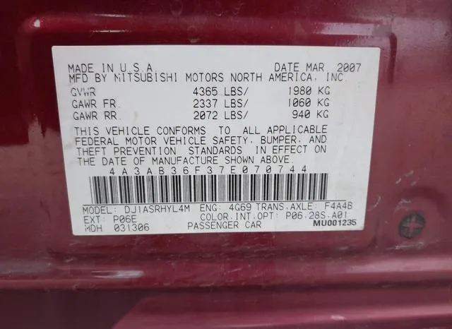 4A3AB36F37E070744 2007 2007 Mitsubishi Galant- Es/Se 9