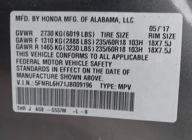 5FNRL6H71JB009196 2018 2018 Honda Odyssey- Ex-L 9