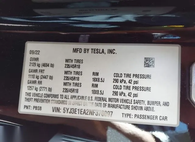 5YJ3E1EA2NF376097 2022 2022 Tesla Model 3- Rear-Wheel Drive 9