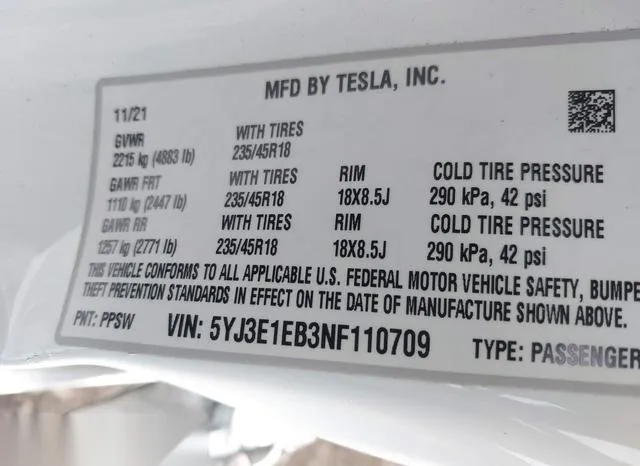 5YJ3E1EB3NF110709 2022 2022 Tesla Model 3- Long Range Dual 9