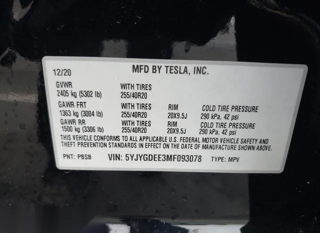 5YJYGDEE3MF093078 2021 2021 Tesla Model Y- Long Range Dual 9