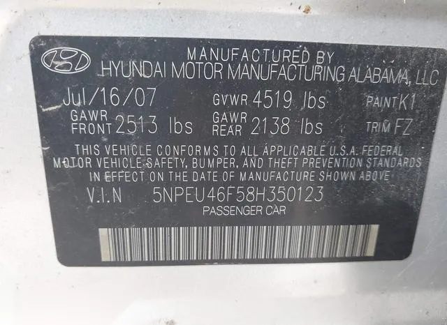 5NPEU46F58H350123 2008 2008 Hyundai Sonata- Limited V6/Se V6 9