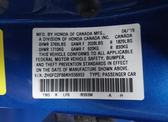 2HGFC2F66KH556953 2019 2019 Honda Civic- LX 9