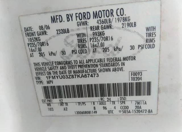 1FMYU03Z87KA67473 2007 2007 Ford Escape- Xlt 9