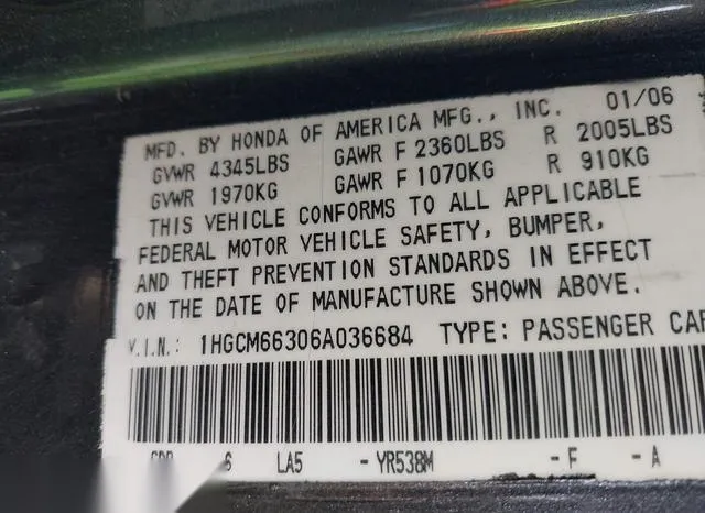 1HGCM66306A036684 2006 2006 Honda Accord- 3-0 LX 9