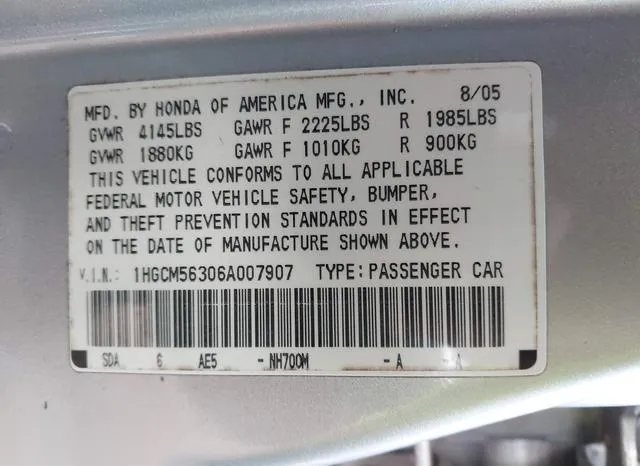 1HGCM56306A007907 2006 2006 Honda Accord- 2-4 SE 9