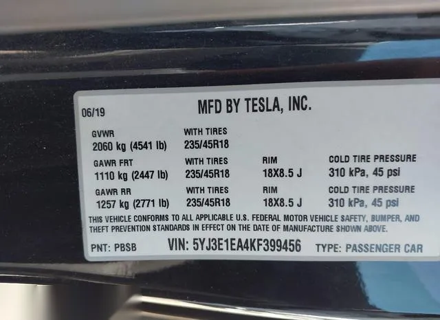 5YJ3E1EA4KF399456 2019 2019 Tesla Model 3 9