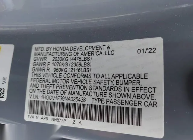 1HGCV1F39NA025438 2022 2022 Honda Accord- Sport 9