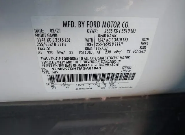 1FMSK7DH7MGA81843 2021 2021 Ford Explorer- Xlt 9