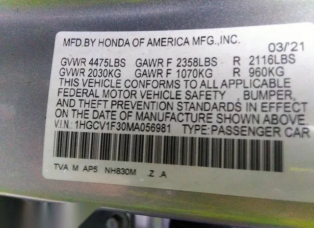 1HGCV1F30MA056981 2021 2021 Honda Accord- Sport 9