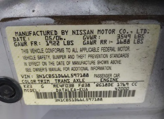 3N1CB51D66L597188 2006 2006 Nissan Sentra- 1-8S 9