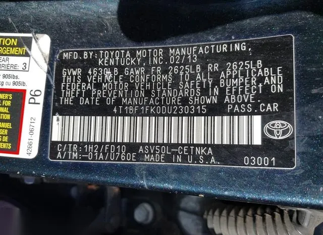 4T1BF1FK0DU230315 2013 2013 Toyota Camry- LE 9