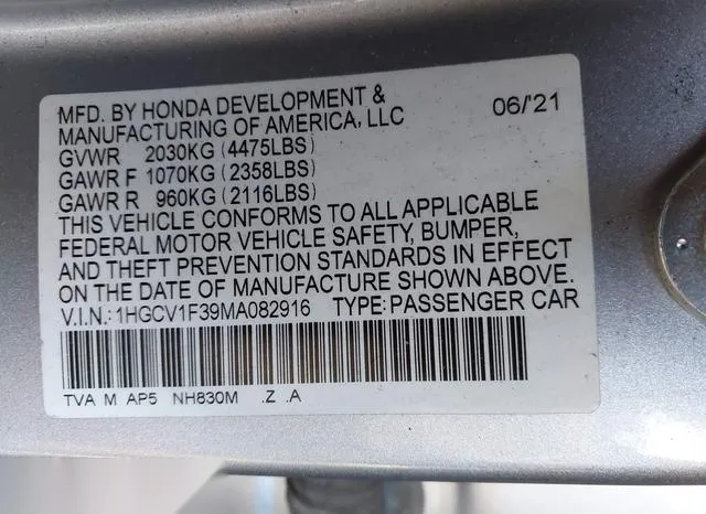 1HGCV1F39MA082916 2021 2021 Honda Accord- Sport 9