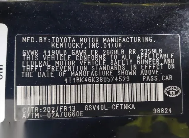 4T1BK46K38U574529 2008 2008 Toyota Camry- Le V6 9