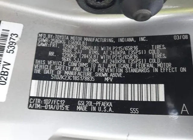 5TDZK23C18S178835 2008 2008 Toyota Sienna- LE 9