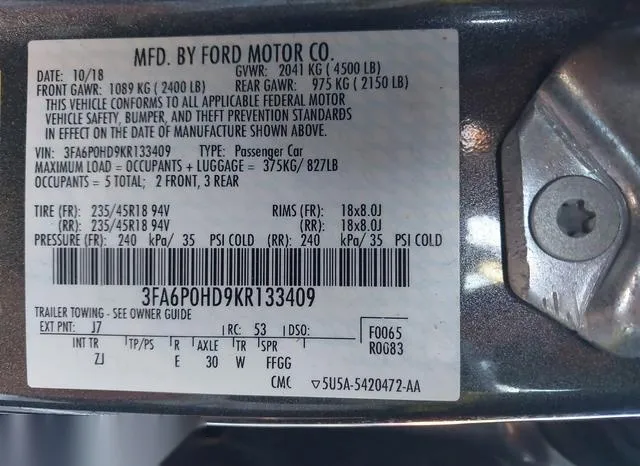 3FA6P0HD9KR133409 2019 2019 Ford Fusion- SE 9