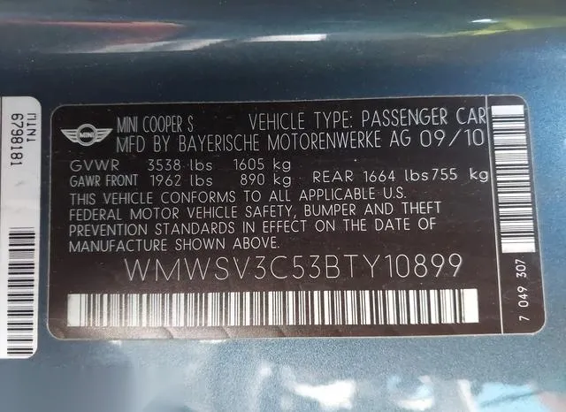 WMWSV3C53BTY10899 2011 2011 Mini Cooper S 9