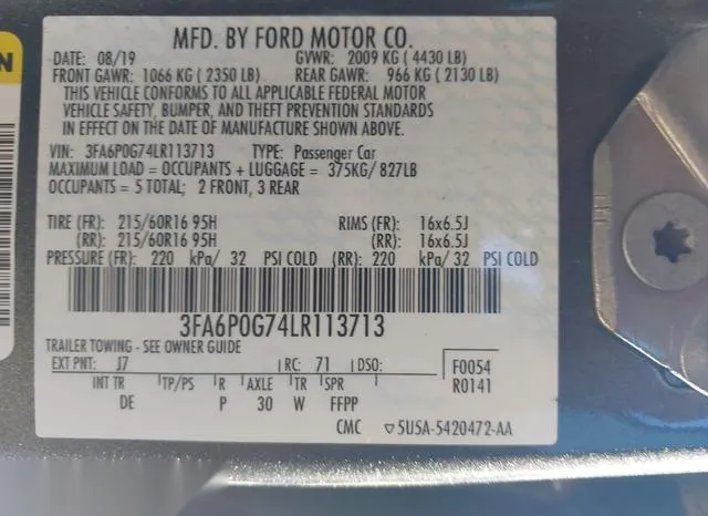 3FA6P0G74LR113713 2020 2020 Ford Fusion- S 9