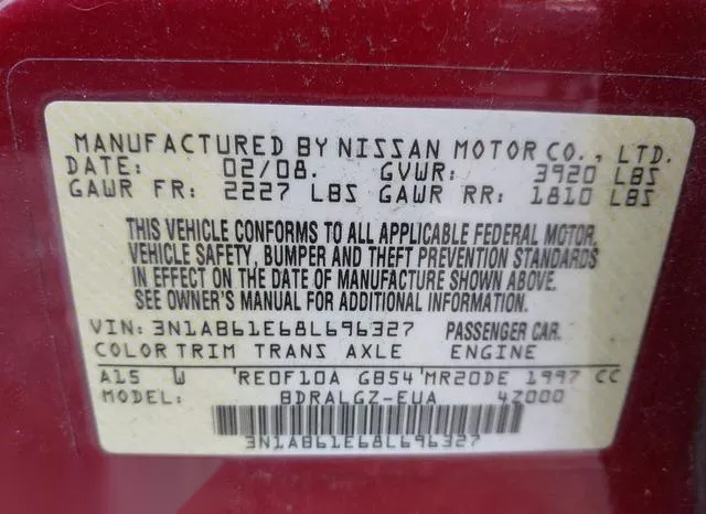 3N1AB61E68L696327 2008 2008 Nissan Sentra- 2-0SL 9