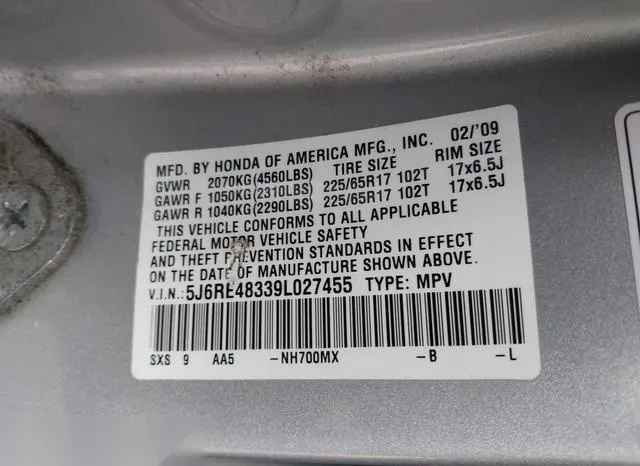 5J6RE48339L027455 2009 2009 Honda CR-V- LX 9