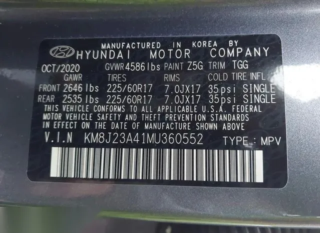 KM8J23A41MU360552 2021 2021 Hyundai Tucson- SE 9