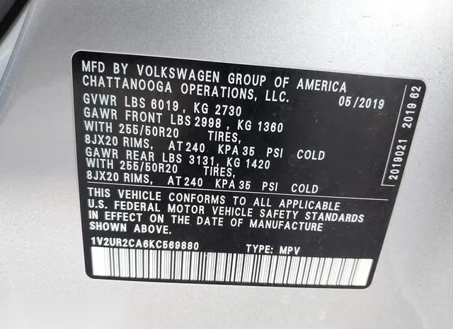 1V2UR2CA6KC569880 2019 2019 Volkswagen Atlas- 3-6L V6 Se W/ 9