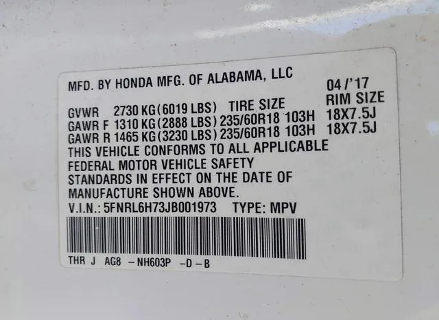 5FNRL6H73JB001973 2018 2018 Honda Odyssey- Ex-L 9