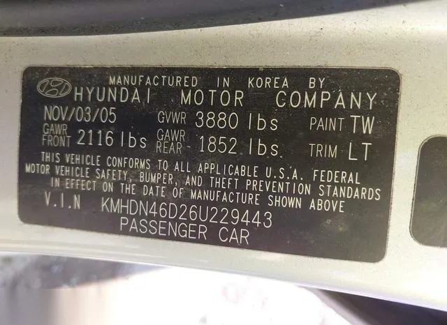 KMHDN46D26U229443 2006 2006 Hyundai Elantra- Gls/Limited 9